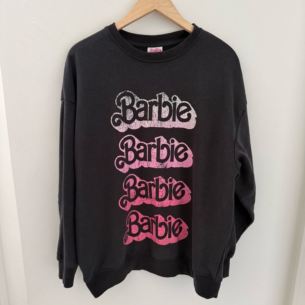 Barbie The Movie Oversized Sweatshirt Logo Charcoal Gray Black Pink XS Women’s